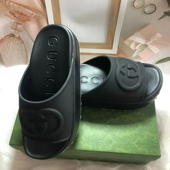 Gucc | Shoes | Gucci Platform Slide Black Leather Sandals  display picture 3
